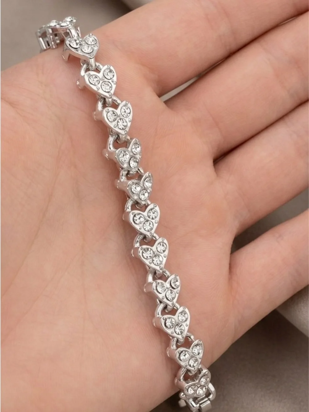 Sparkling Silver Heart Link Bracelet - Pavé Rhinestone 7.5" - Picture 3 of 3